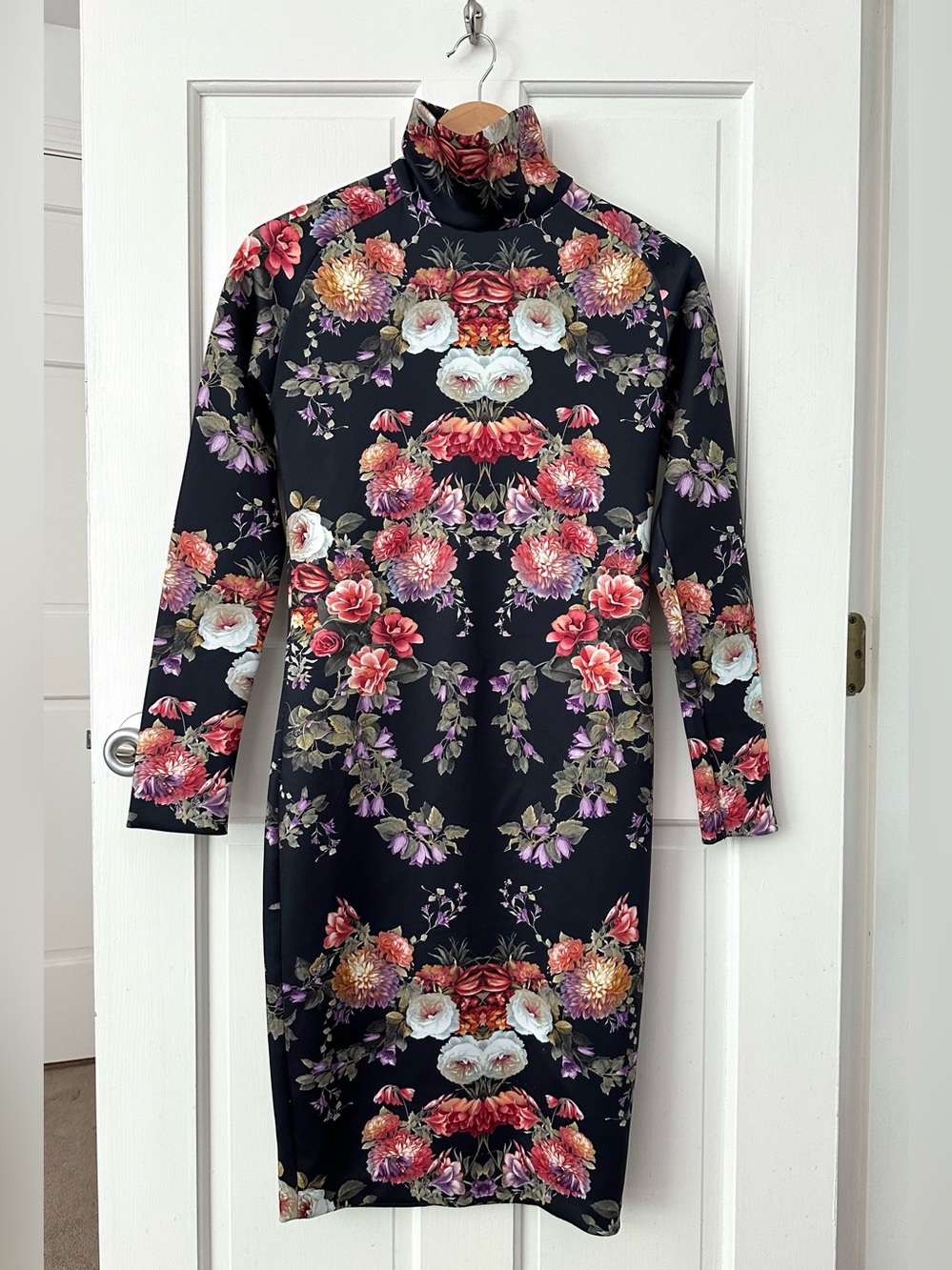 ZARA Collection Dark Floral Black Turtleneck Bodycon Midi Dress Size M